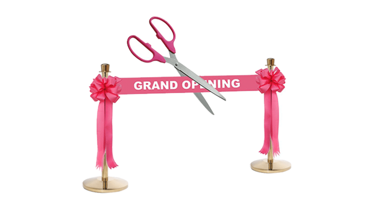 Ribbon Cutting Kit | Grand Opening Ceremony Gloss Pink Ribbon, Scissors, Bows & Stanchions | Rental