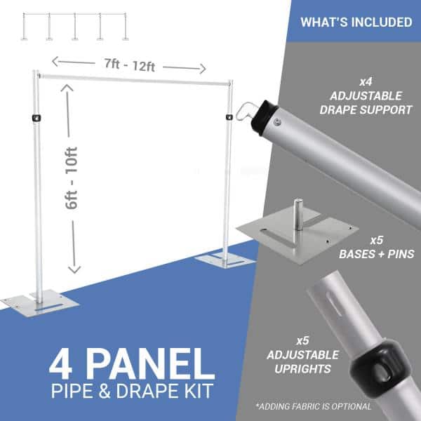 4-Panel Pipe and Drape Kit / Backdrop – 6-10 Feet Tall (Adjustable) | Rental