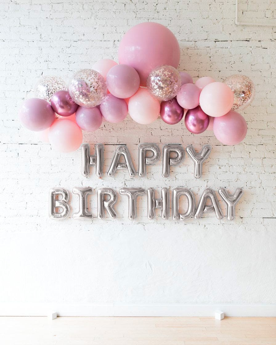 Modern Mauve – Floating Balloon Arch & Happy Birthday Foil Letters Set | Rental
