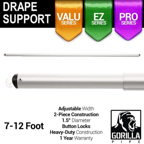 7-12ft Telescoping Drape Support w/ Button Stops at 8ft, 10ft | Rental