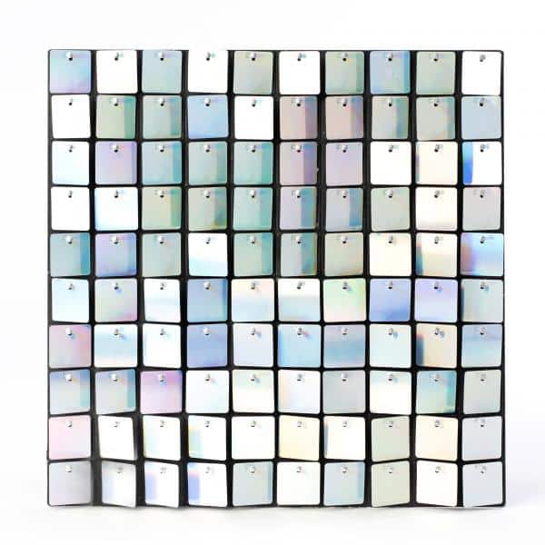 Decostar™ Shimmer Wall Panels w/ Black Backing & Square Sequins – 24 Tiles – White Iridescent | Rental