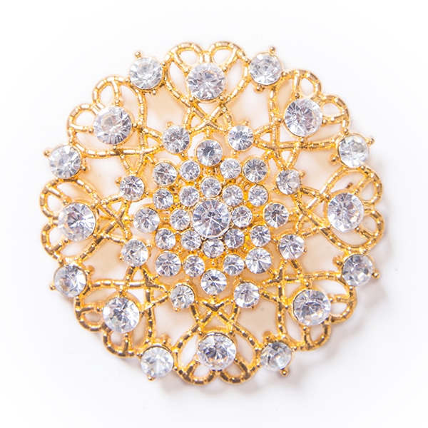DecoStar™ Ornate Diamond-Encrusted Round Brooch in Gold | Rental DecoStar™ Ornate Diamond-Encrusted Round Brooch in Gold | Rental