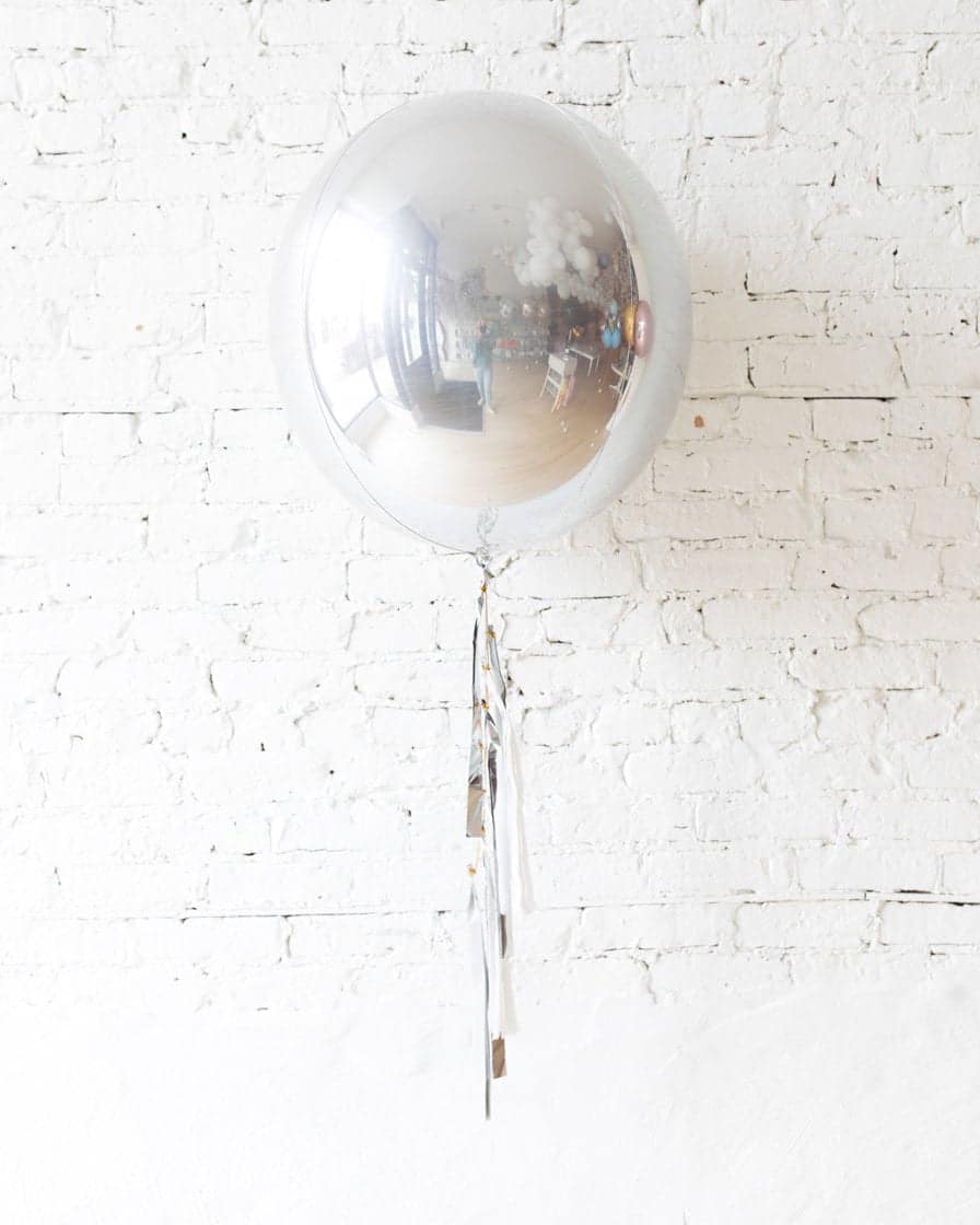 21in Silver Orb Foil Balloon and White, Grey & Silver Half-Tassel | Rental 21in Silver Orb Foil Balloon and White, Grey & Silver Half-Tassel | Rental