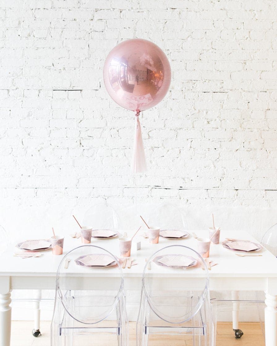 16in Rose Gold Orb Foil Balloon and Mauve Skirt Centerpiece | Rental