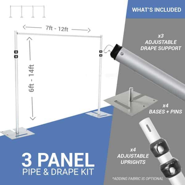 DELUXE-3 Panel Pipe and Drape Kit / Backdrop – 6-14 Feet Tall (Adjustable) Comes W/ 3 Piece Uprights for Maximum Height Adjustment | Rental