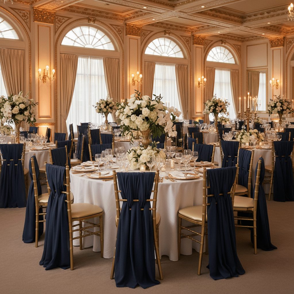 5pcs Pack of Chiffon Chair Sashes/Ties 19″ x 72″ – Navy Blue | Rental