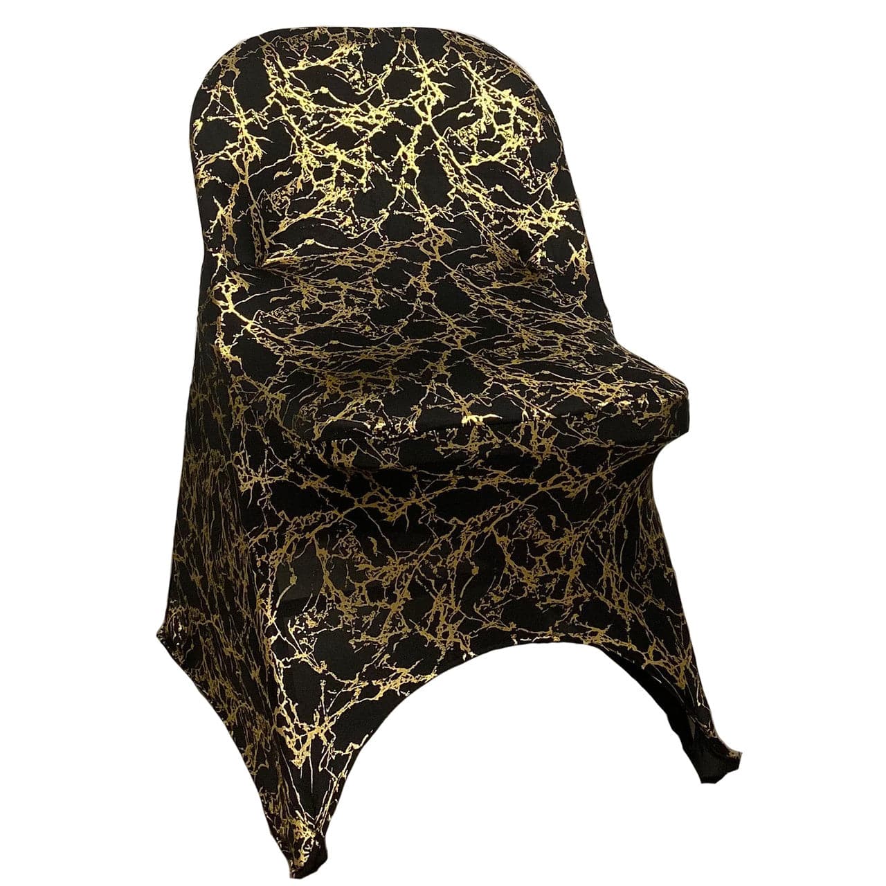 Print Spandex Folding Chair Cover in Black with Gold Marbling | Rental