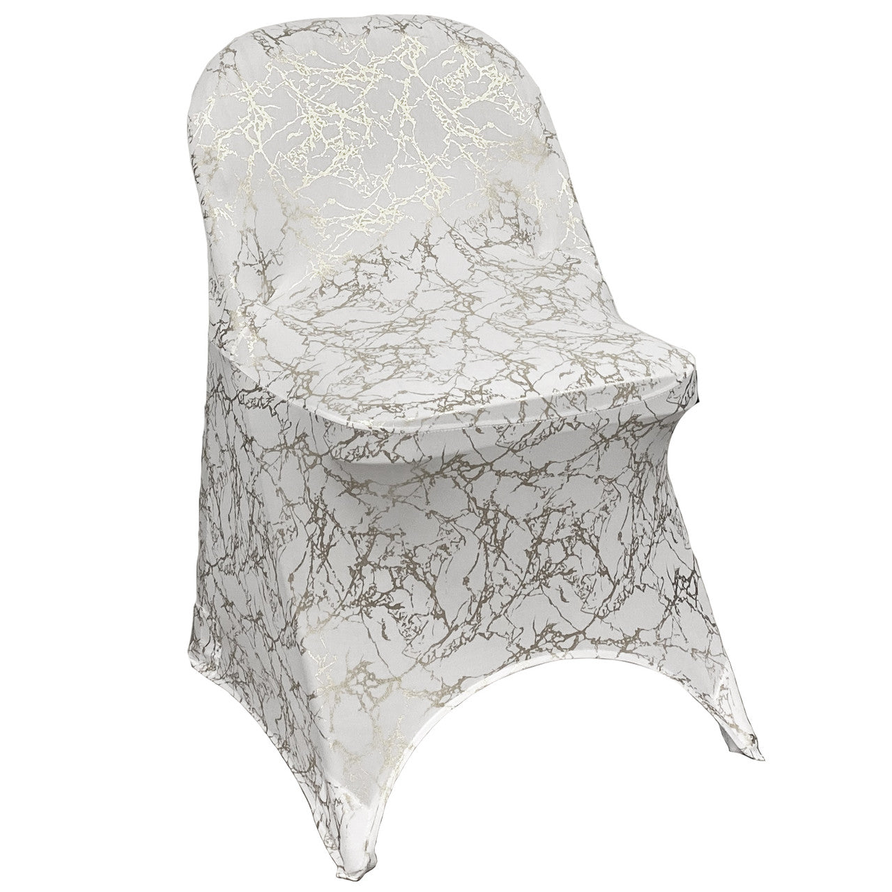 Print Spandex Folding Chair Cover in White with Silver Marbling | Rental