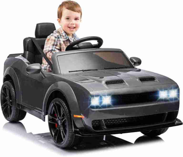 Kids Electric Car | Licensed Dodge Challenger Ride-On 12V Battery-Powered Vehicle with Remote, LED Lights, Bluetooth, MP3 for Boys and Girls, Grey | Rental